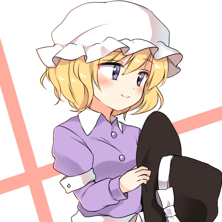 1girl blonde_hair blush collared_dress dress fedora hat juliet_sleeves long_sleeves maribel_hearn mob_cap puffy_sleeves short_hair smile solo touhou usami_renko violet_eyes yururi_nano