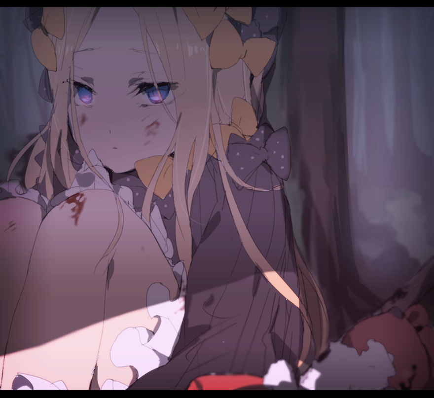 1girl abigail_williams_(fate/grand_order) bangs black_bow black_dress blonde_hair blood blood_on_face bloomers bow bruise damaged dress fate/grand_order fate_(series) forest hiiragi_fuyuki injury long_sleeves looking_away nature orange_bow outdoors parted_bangs polka_dot polka_dot_bow sitting solo stuffed_animal stuffed_toy teddy_bear tree underwear violet_eyes white_bloomers