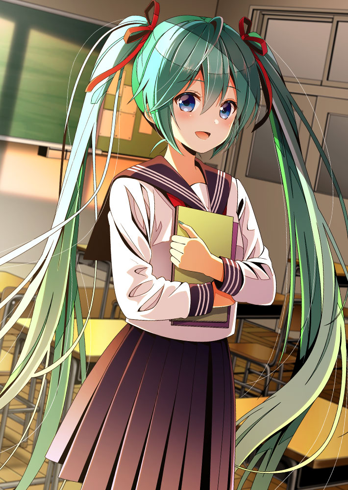 1girl :d ahoge aqua_hair aqua_nails bangs black_skirt blue_eyes blush book chalkboard classroom day desk eyebrows_visible_through_hair hair_between_eyes hair_ribbon hatsune_miku holding holding_book indoors long_hair long_sleeves looking_at_viewer medium_skirt nail_polish neckerchief open_mouth pleated_skirt red_neckwear red_ribbon ribbon school_desk school_uniform serafuku skirt smile solo sunlight tareme twintails very_long_hair vocaloid yuuka_nonoko