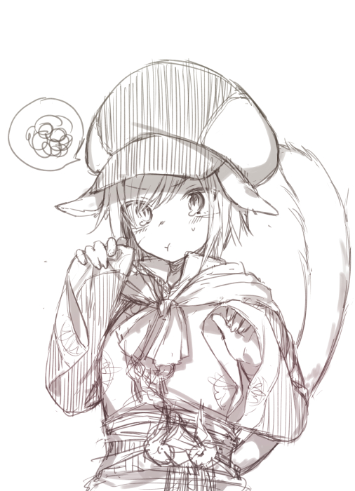 1girl :t animal_ears bangs blush cat_ears cat_girl cat_tail closed_mouth eyebrows_visible_through_hair final_fantasy final_fantasy_xiv hat head_tilt long_sleeves looking_at_viewer midorikawa_you miqo'te monochrome pout simple_background sketch solo spoken_squiggle squiggle tail tears upper_body white_background wide_sleeves