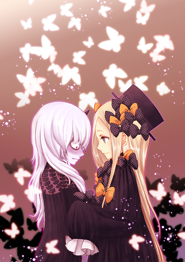 2girls abigail_williams_(fate/grand_order) albino black_bow black_dress black_hat blonde_hair blue_eyes blush bow butterfly commentary_request dress fate/grand_order fate_(series) frown hair_bow hands_in_sleeves hat lavinia_whateley_(fate/grand_order) long_hair looking_at_another looking_down multiple_girls orange_bow red_eyes ribbed_dress sleeves_past_wrists smile tsukiko_(cherrypie727) white_hair