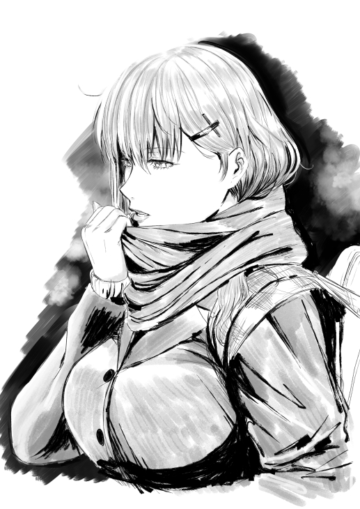 1girl breasts buttons commentary_request greyscale ishii_hisao kantai_collection large_breasts long_hair long_sleeves md5_mismatch monochrome open_mouth scarf simple_background solo suzuya_(kantai_collection) white_background