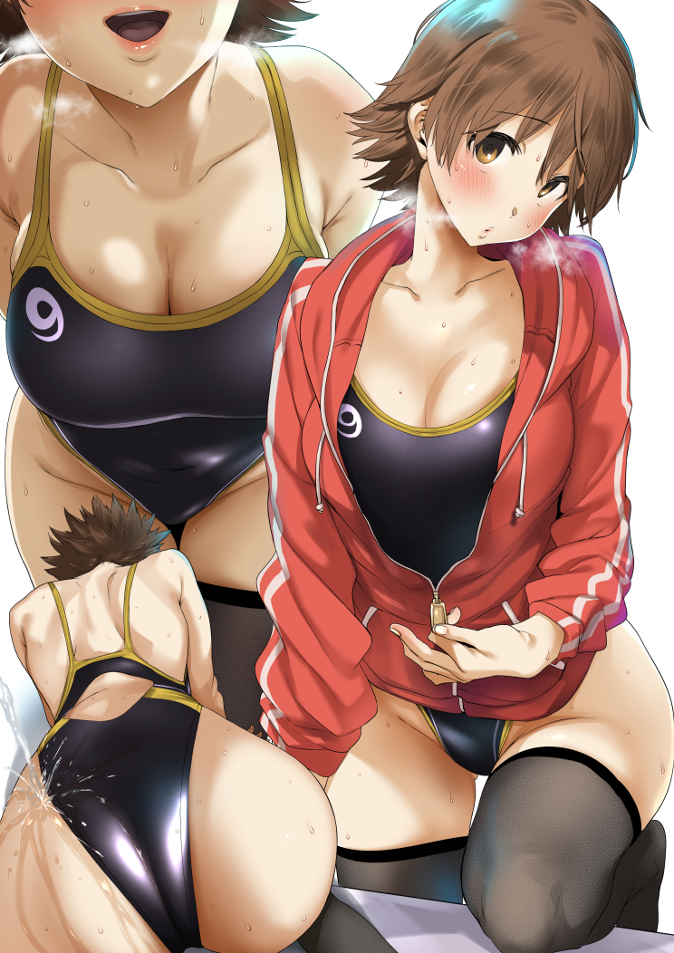 1girl ass back black_legwear black_swimsuit blush breasts breath brown_eyes brown_hair cleavage commentary_request competition_swimsuit drawstring eyebrows_visible_through_hair full_body grey_legwear head_tilt highleg highleg_swimsuit honda_mio idolmaster idolmaster_cinderella_girls jacket leg_up logo long_sleeves looking_at_viewer multiple_views one-piece_swimsuit open_clothes open_jacket partially_unzipped pija_(pianiishimo) shiny shiny_clothes short_hair simple_background swimsuit thigh-highs unzipping upper_teeth water wet white_background