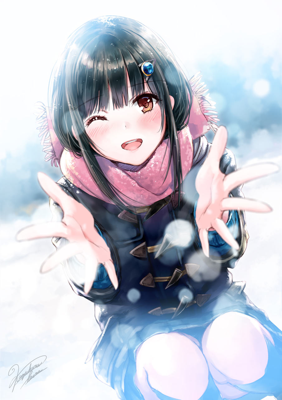 1girl black_hair blurry blush depth_of_field duffel_coat hair_ornament hairclip highres kazuharu_kina long_hair looking_at_viewer one_eye_closed open_mouth original outstretched_arms outstretched_hand pov red_eyes scarf snow solo