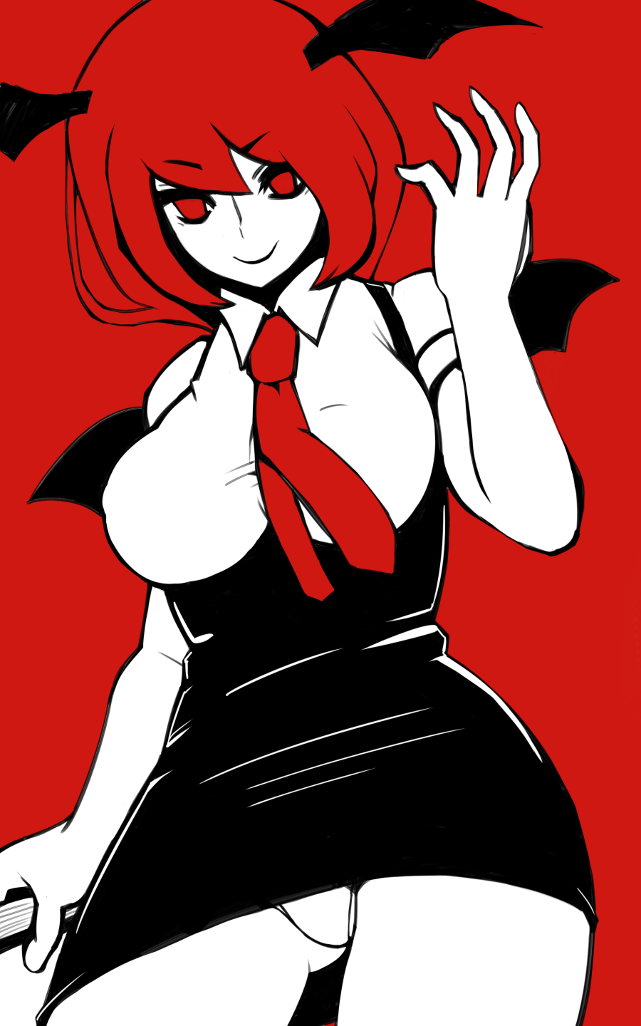 &gt;:) alternate_hair_length alternate_hairstyle arm_up bat_wings black_dress book breasts burikarun commentary_request contrapposto cowboy_shot dress head_wings highres holding holding_book koakuma large_breasts limited_palette looking_at_viewer necktie panties pantyshot red_background red_eyes red_neckwear redhead short_hair short_sleeves simple_background smile touhou underbust underwear white_panties wings