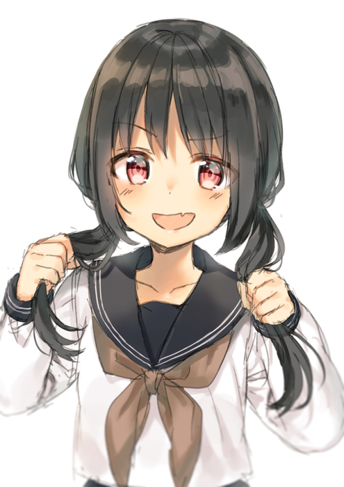1girl :d bangs black_hair blush brown_neckwear collarbone commentary_request eyebrows_visible_through_hair fang hair_grab head_tilt long_sleeves looking_at_viewer low_twintails midorikawa_you neckerchief open_mouth original red_eyes school_uniform serafuku shirt simple_background smile smug solo twintails upper_body v-shaped_eyebrows white_background white_shirt