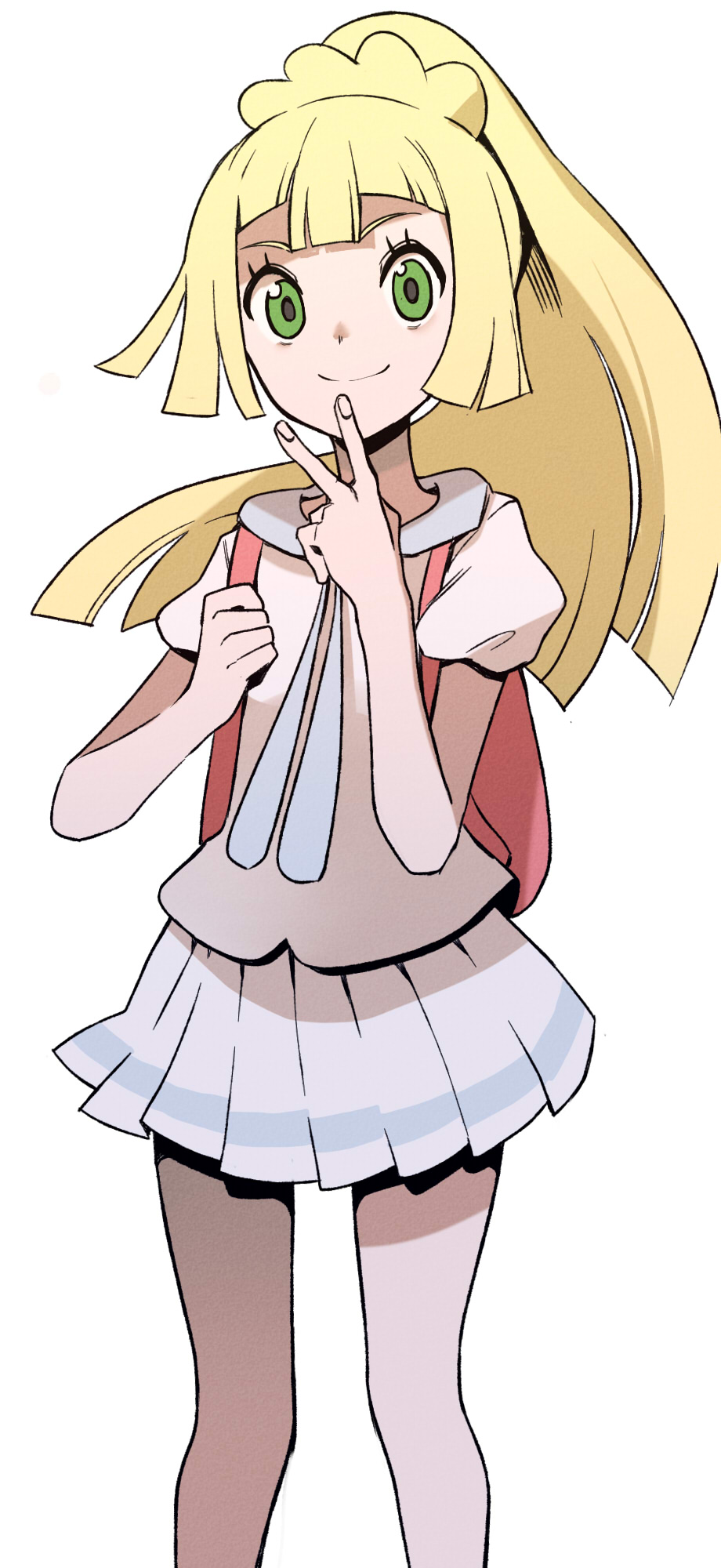 1girl backpack bag blonde_hair floating_hair green_eyes high_ponytail highres lillie_(pokemon) long_hair looking_at_viewer miniskirt pleated_skirt pokemon pokemon_(game) pokemon_ultra_sm school_uniform shadow shirt short_sleeves simple_background skirt smile solo st_(youx1119) standing v white_background white_shirt white_skirt