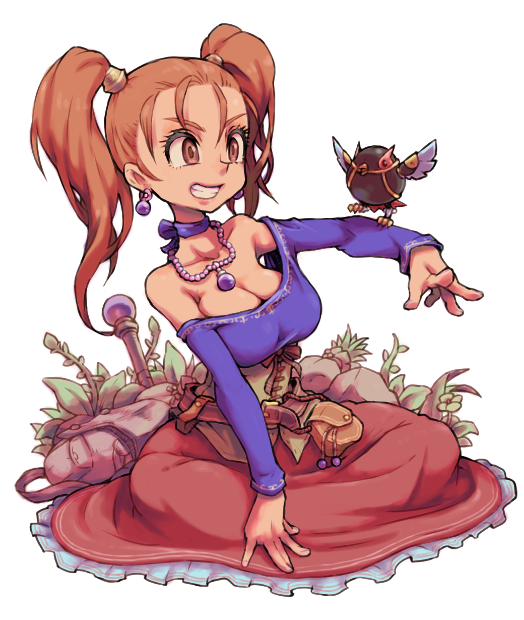 1girl bare_shoulders bird breasts brown_eyes brown_hair cleavage corset dragon_quest dragon_quest_viii dress earrings highres jessica_albert jewelry large_breasts long_hair purple_shirt redhead shirt strapless strapless_dress toyaken21 twintails