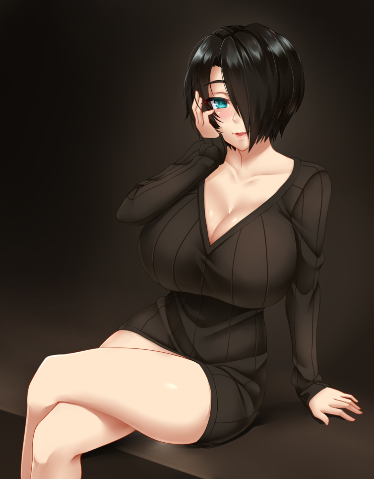1girl aqua_eyes black_hair black_sweater blush breasts cleavage collarbone commentary eyes_visible_through_hair hair_over_one_eye hand_on_own_cheek hand_on_own_face huge_breasts legs_crossed long_sleeves looking_at_viewer original parted_lips ribbed_sweater short_hair sitting smile solo sweater twrlare