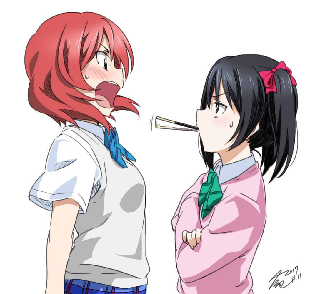 2girls black_hair blazer blush cardigan crossed_arms food from_side jacket looking_at_another love_live! love_live!_school_idol_project mouth_hold multiple_girls nishikino_maki open_mouth otonokizaka_school_uniform pocky redhead short_hair sweat takeya_yuuki twintails upper_body yazawa_nico