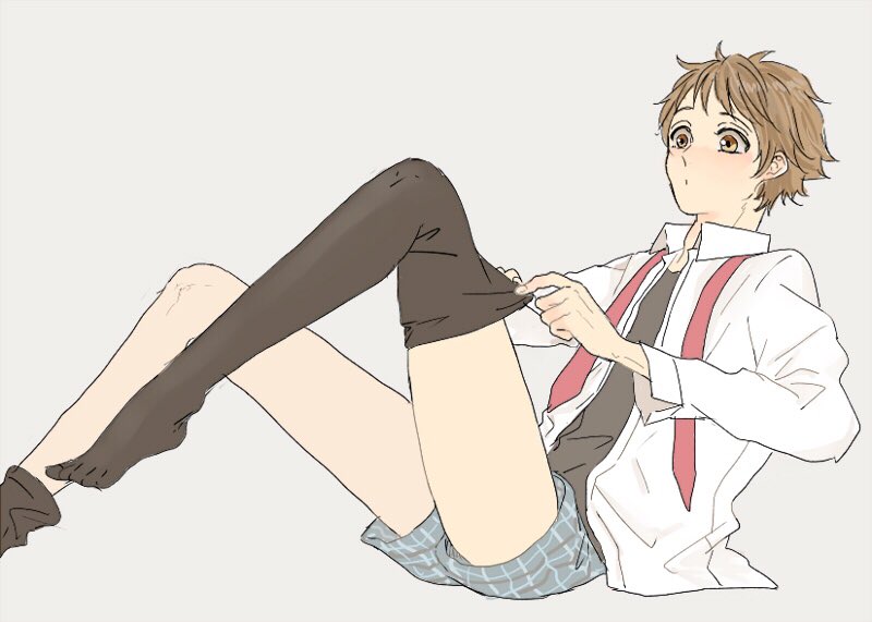 1boy :o boxers brown_eyes brown_hair dressing ensemble_stars! grey_background looking_down male_focus necktie simple_background tenma_mitsuru thigh-highs underwear