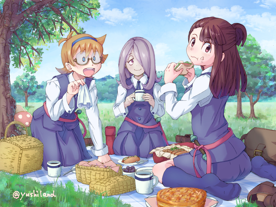 3girls :d backpack bag blanket blue_eyes blue_legwear blue_skirt brown_eyes brown_footwear brown_hair clouds cup day eating eye_contact food grass hair_over_one_eye hairband kagari_atsuko kneehighs little_witch_academia looking_at_another looking_at_viewer lotte_jansson mug multiple_girls mushroom napkin open_mouth orange_hair outdoors picnic picnic_basket plate purple_hair sandwich school_uniform shoes_removed sitting skirt smile sucy_manbavaran thermos tree twitter_username wariza yusshii
