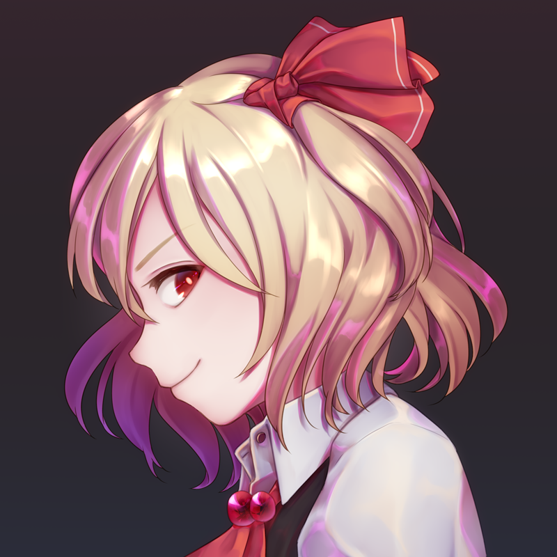 1girl ascot black_background blonde_hair buttons closed_mouth dtvisu hair_ribbon looking_at_viewer portrait profile red_eyes red_ribbon ribbon rumia shiny shiny_hair simple_background smile solo touhou vest wing_collar