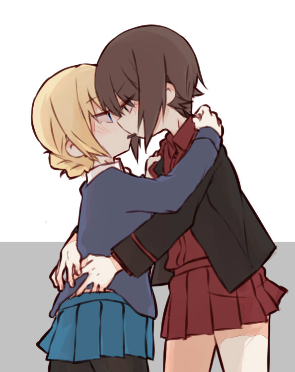 2girls bangs black_jacket black_legwear blonde_hair blue_eyes blue_skirt blue_sweater braid brown_eyes brown_hair closed_mouth cowboy_shot darjeeling dress_shirt eyebrows_visible_through_hair food from_side fud girls_und_panzer jacket lifted_by_another long_sleeves looking_at_another military military_uniform miniskirt multiple_girls nishizumi_maho open_clothes open_jacket pantyhose pleated_skirt pocky pocky_kiss red_shirt red_skirt school_uniform shared_food shirt shirt_lift short_hair skirt st._gloriana's_school_uniform standing sweater tied_hair twin_braids uniform white_shirt yuri