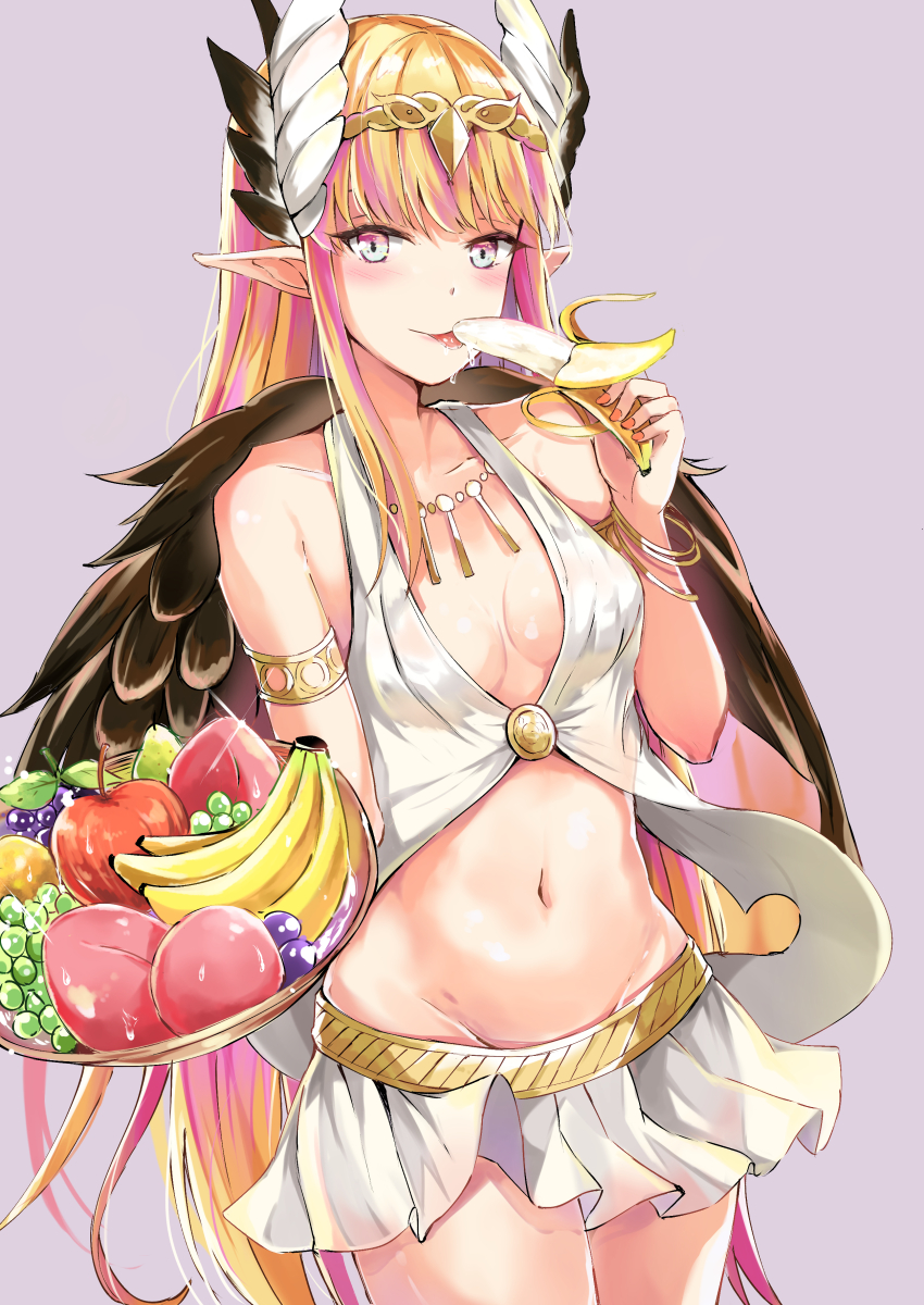 1girl :p apple armlet banana bangle bangs bare_shoulders black_wings blonde_hair blunt_bangs bracelet breasts circe_(fate) circlet cleavage closed_mouth cowboy_shot fate/grand_order fate_(series) feathered_wings food food_bowl fruit grapes groin head_feathers highres holding holding_food holding_fruit jewelry konka long_hair looking_at_viewer multicolored_hair nail_polish navel necklace orange_nails peach pink_hair pointy_ears purple_background revealing_clothes sexually_suggestive simple_background skirt sleeveless small_breasts smile solo standing stomach tongue tongue_out two-tone_hair very_long_hair water_drop white_skirt wings