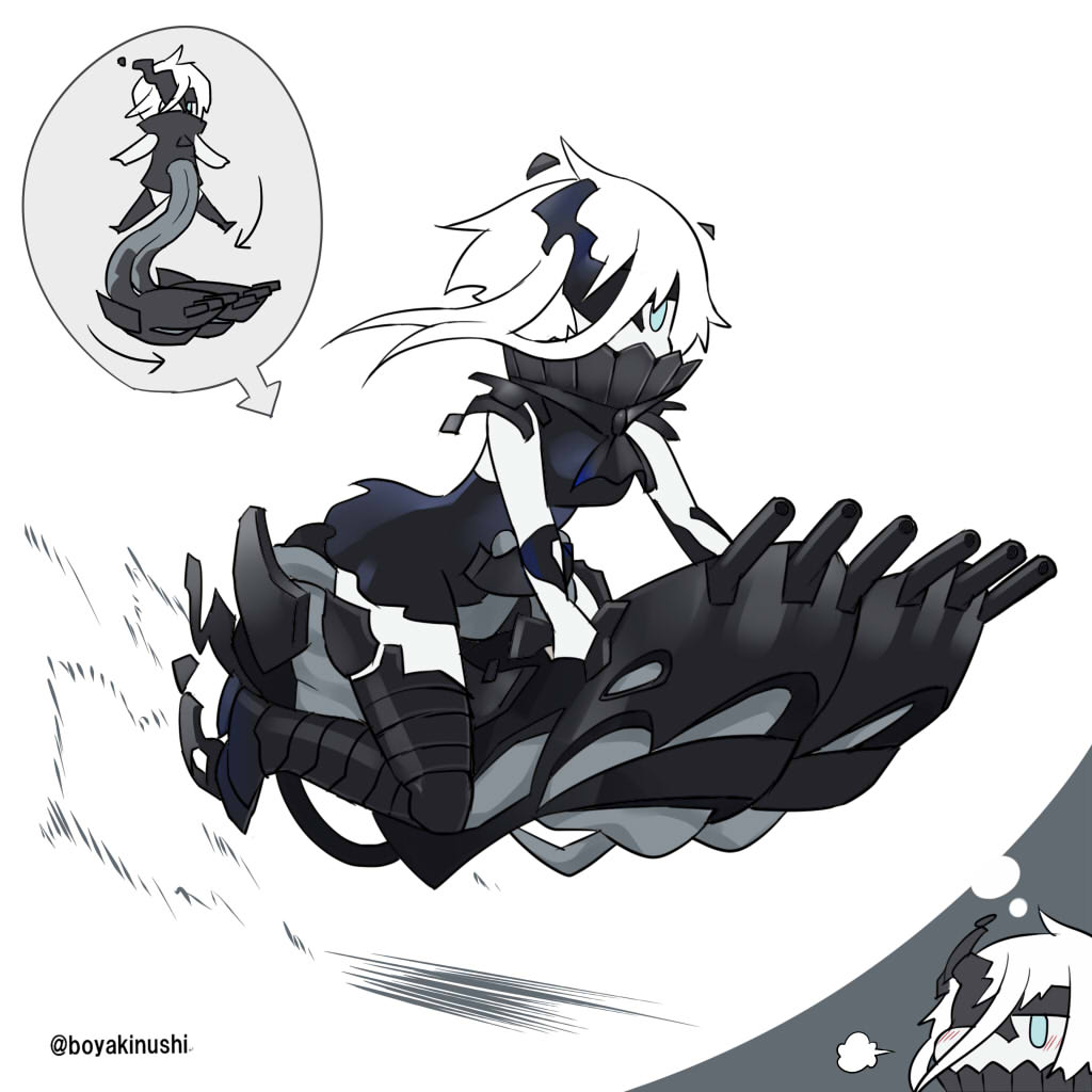 1girl ascot black_dress boots commentary_request covered_mouth dress hover_scooter hovercraft imagining kantai_collection mask ne-class_heavy_cruiser pale_skin shinkaisei-kan short_dress short_hair solo tail thigh-highs thigh_boots twitter_username uni_(gugurutan) watercraft white_hair