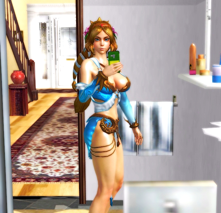 1girl 3d aphrodite_(smite) blonde_hair blue_eyes blue_suit breasts cellphone full_body goddess golden_rings jewelry large_breasts legs legs_together long_hair love_goddess maxramzz necklace phone self_shot smite solo xnalara