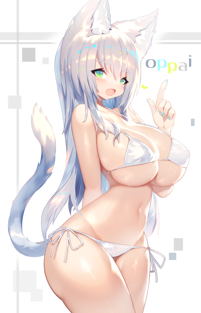 1girl :d animal_ears arm_behind_back bangs bare_arms bare_shoulders bikini blue_nails blush breasts cat_ears cat_girl cat_tail cleavage commentary cowboy_shot curvy erect_nipples eyebrows_visible_through_hair eyelashes fang fingernails green_eyes groin hair_between_eyes hand_up highres huge_breasts index_finger_raised legs_together long_hair looking_at_viewer lowleg lowleg_bikini mamuru nail_polish navel open_mouth original pointing pointing_up shiny shiny_skin side-tie_bikini sidelocks silver_hair skindentation slit_pupils smile solo standing stomach strap_gap string_bikini swimsuit tail thighs under_boob white_bikini wide_hips