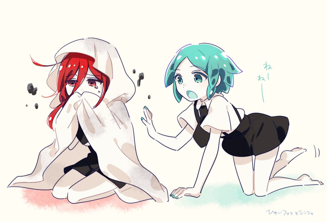 androgynous blanket center_part crying houseki_no_kuni mercury phosphophyllite redhead shinsha_(houseki_no_kuni) short_hair shorts suspenders ton_(botibotidana) white_skin