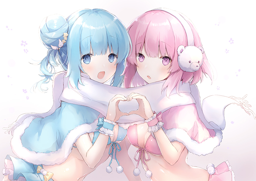 2girls :d animal_earmuffs bangs bikini_top blue_bikini_top blue_capelet blue_eyes blue_skirt blush breasts capelet commentary_request earmuffs eyebrows_visible_through_hair front-tie_bikini front-tie_top fur-trimmed_capelet hair_bun heart heart_hands heart_hands_duo looking_at_viewer looking_to_the_side medium_breasts multiple_girls navel open_mouth original parted_lips pink_bikini_top pink_capelet pink_eyes pink_hair pink_skirt pom_pom_(clothes) scarf shared_scarf side_bun skirt smile suzumori_uina white_scarf wrist_cuffs