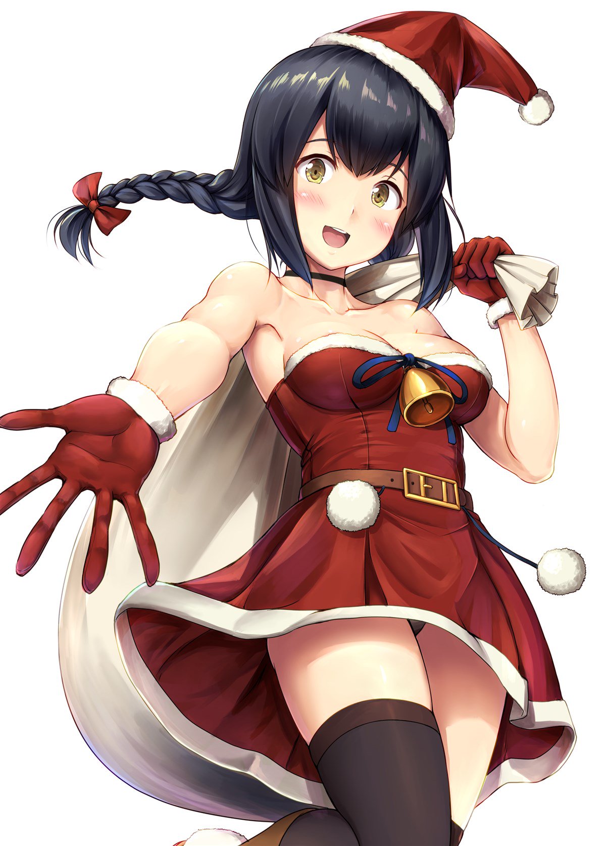 1girl :d alternate_costume bangs bare_arms bare_shoulders bell belt belt_buckle black_hair black_legwear black_panties blue_ribbon bobblehat bow braid breasts brown_eyes buckle carrying_over_shoulder cleavage collarbone commentary_request dress fur-trimmed_gloves fur_trim gloves hair_bow hat highres ichikawa_feesu isonami_(kantai_collection) kantai_collection leg_up long_hair medium_breasts open_mouth outstretched_arm over_shoulder panties pantyshot pantyshot_(standing) pom_pom_(clothes) reaching_out red_bow red_dress red_gloves red_hat ribbon sack santa_hat sidelocks simple_background smile solo spread_fingers standing standing_on_one_leg strapless strapless_dress tareme thigh-highs twin_braids underwear upskirt white_background