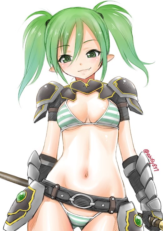1girl armor bangs belt bikini bikini_day black_gloves blue_bikini blush breasts closed_mouth contrapposto copyright_request cowboy_shot ebifly eyebrows_visible_through_hair fang fang_out faulds gauntlets gloves gluteal_fold gorget green_eyes green_hair hair_between_eyes holding holding_weapon looking_at_viewer medium_breasts navel pointy_ears short_hair simple_background smile solo spaulders standing striped striped_bikini swimsuit twintails weapon white_background