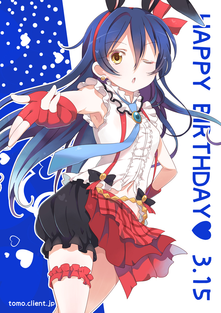 1girl ;o animal_ears bangs birthday black_bow blown_kiss blue_neckwear bokura_wa_ima_no_naka_de bow cowboy_shot dated earrings fingerless_gloves floating_hair frills gloves hair_between_eyes heart jewelry kitahara_tomoe_(kitahara_koubou) looking_at_viewer love_live! love_live!_school_idol_project navel necktie one_eye_closed open_mouth plaid plaid_skirt puffy_short_sleeves puffy_sleeves rabbit_ears red_gloves red_skirt shirt short_sleeves skirt solo sonoda_umi suspender_skirt suspenders white_shirt