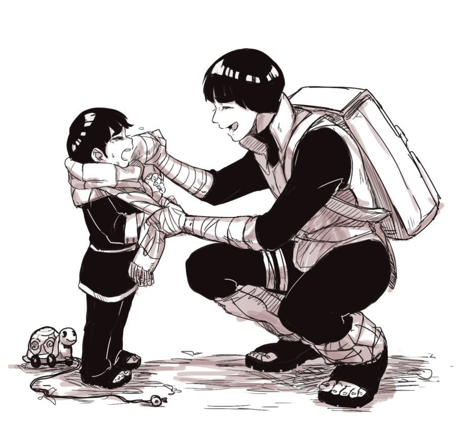 2boys backpack bag boruto:_naruto_next_generations child chinese_clothes closed_eyes crying father_and_son leg_warmers male_focus metal_lee monochrome multiple_boys naruto rock_lee sandals scarf squatting toy younger