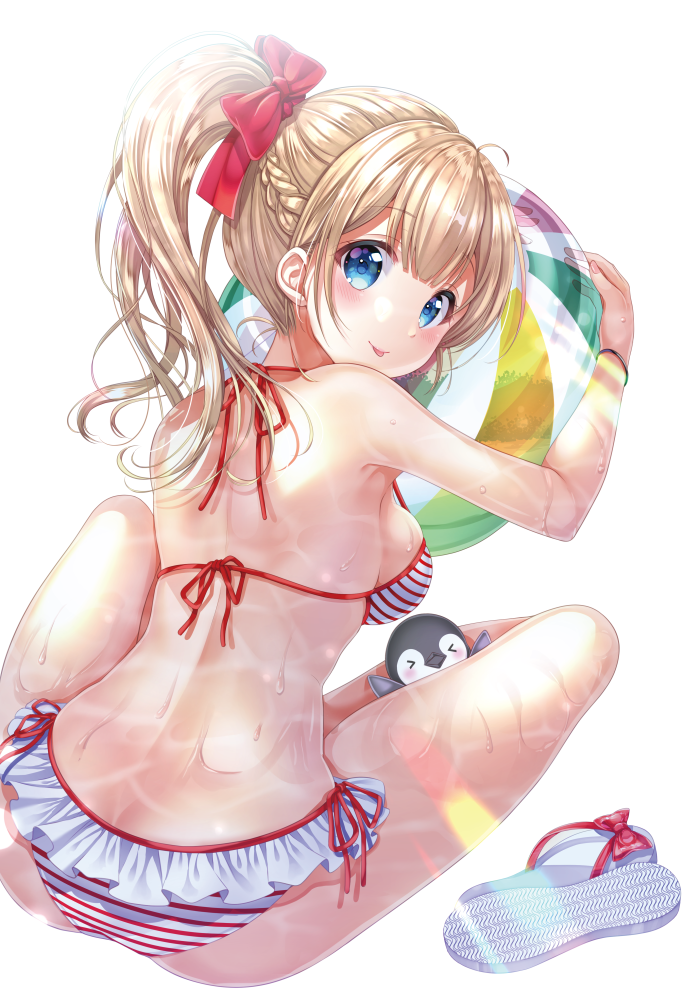 &gt;_&lt; 1girl ass ball bangs bare_arms bare_shoulders beachball bikini bird blonde_hair blue_eyes blush bow braid butt_crack closed_mouth eyebrows_visible_through_hair frilled_bikini_bottom hair_between_eyes hair_bow high_ponytail holding holding_ball long_hair looking_at_viewer looking_back original penguin red_bow sakura_moyon sandals_removed side-tie_bikini sidelocks simple_background sitting smile solo striped striped_bikini sunlight swimsuit tongue tongue_out wet white_background white_footwear