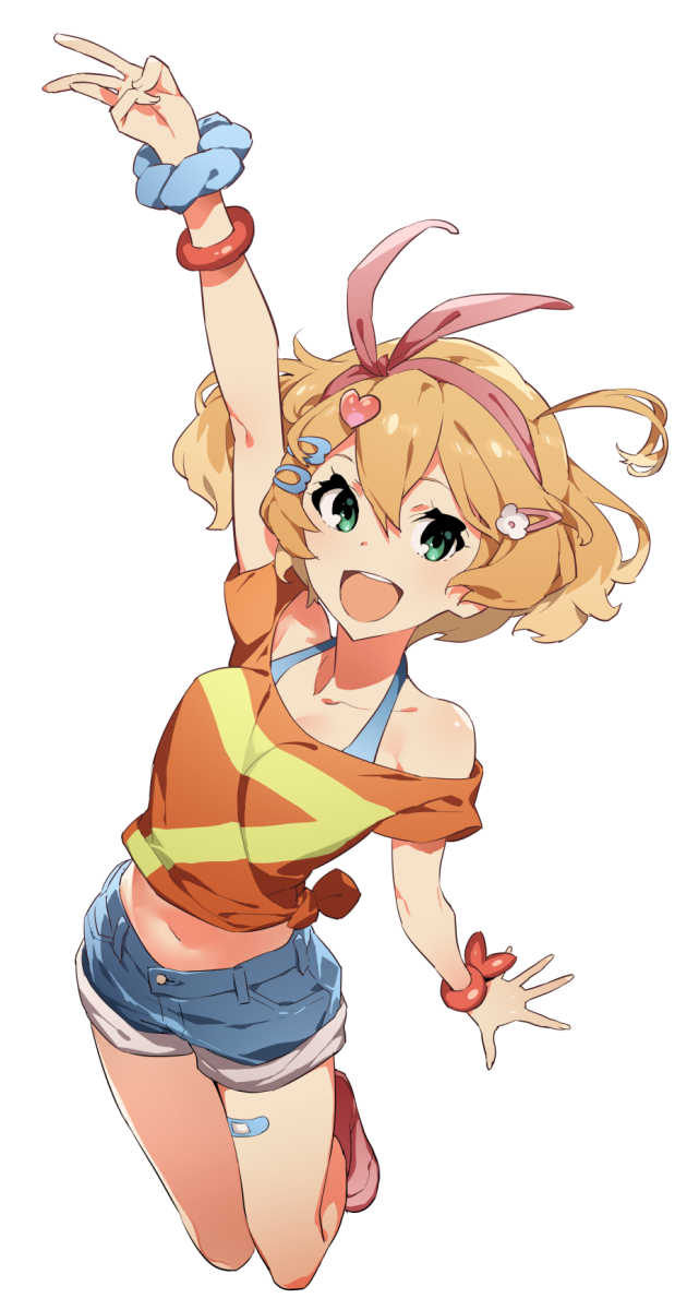 1girl :d arm_up blonde_hair blue_shorts bracelet collarbone freyja_wion green_eyes hair_between_eyes hairband highres jewelry long_hair looking_at_viewer macross macross_delta midriff navel off-shoulder_shirt off_shoulder open_mouth orange_shirt pink_hairband shiny shiny_skin shirt short_shorts short_sleeves shorts simple_background smile solo standing stomach tatsuwo tied_shirt v white_background wrist_cuffs