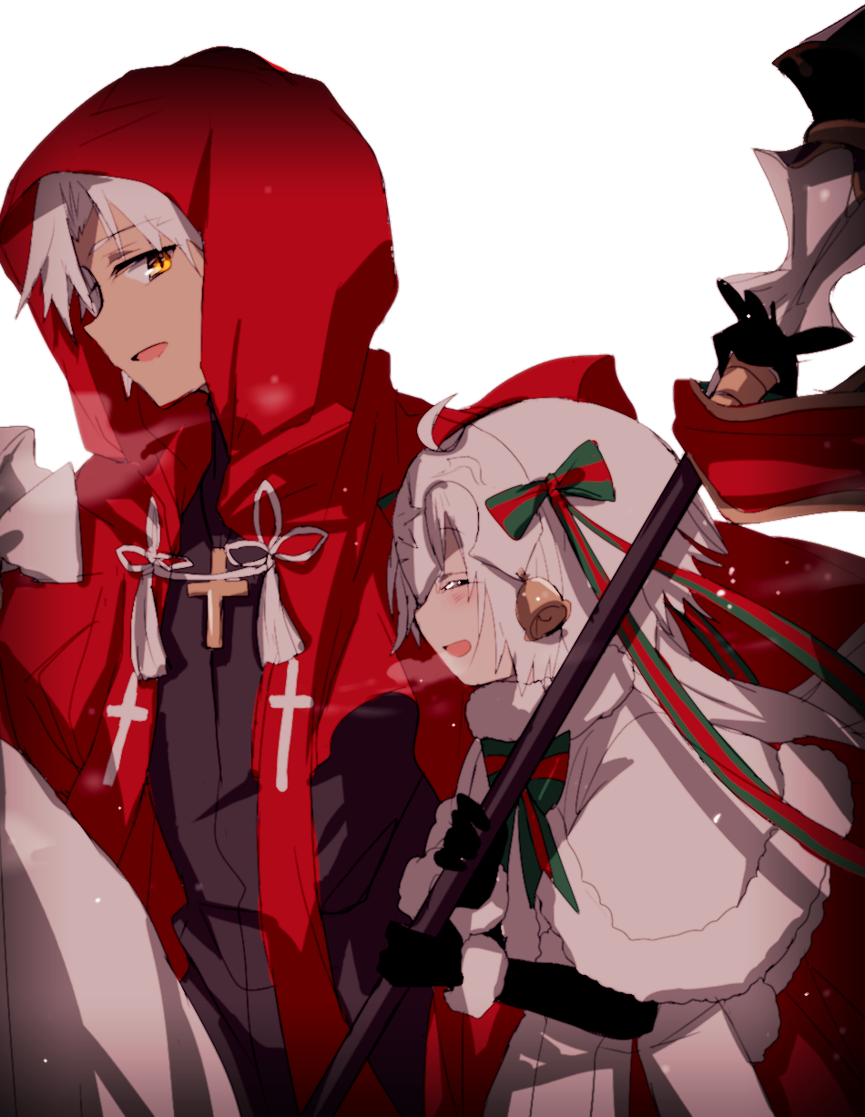 1boy 1girl :d ahoge bangs bell black_gloves black_shirt blush bow breath cape capelet character_request closed_eyes commentary_request cross cross_necklace dress elbow_gloves eyebrows_visible_through_hair fate/grand_order fate_(series) fur-trimmed_capelet fur_trim gloves green_bow green_ribbon hair_bow headpiece highres hiiragi_fuyuki holding holding_spear holding_weapon hood jeanne_d'arc_(fate)_(all) jeanne_d'arc_alter_santa_lily jewelry kotomine_shirou long_hair looking_at_another looking_to_the_side necklace open_mouth parted_lips polearm profile red_cape ribbon shirt simple_background smile spear striped striped_bow striped_ribbon very_long_hair weapon white_background white_capelet white_dress white_hair yellow_eyes