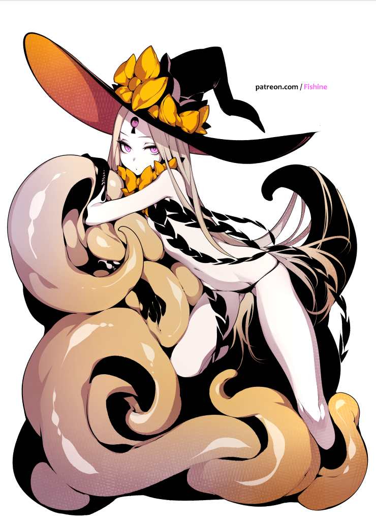 1girl abigail_williams_(fate/grand_order) expressionless facial_mark fate/grand_order fate_(series) fishine forehead_mark hat limited_palette looking_at_viewer pale_skin pink_eyes simple_background solo tentacle witch_hat