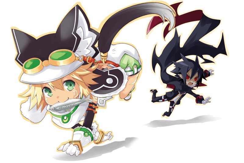 1boy 1girl black_hair blonde_hair cyberconnect2_(choujigen_game_neptune) disgaea fish gloves goggles green_eyes hat iwasi-r makai_senki_disgaea_4 mouth_hold neptune_(series) red_eyes short_hair smile valvatorez_(disgaea)