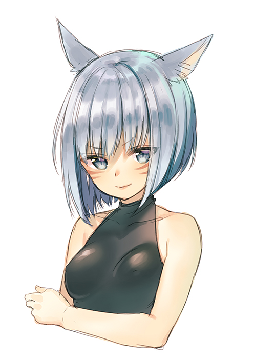 &gt;:) 1girl animal_ears bangs bare_arms bare_shoulders black_shirt blue_eyes breasts cat_ears closed_mouth collarbone commentary_request erect_nipples eyebrows_visible_through_hair facial_mark final_fantasy final_fantasy_xiv looking_at_viewer medium_breasts midorikawa_you miqo'te shirt short_hair silver_hair simple_background sleeveless sleeveless_shirt smile solo tsurime v-shaped_eyebrows white_background