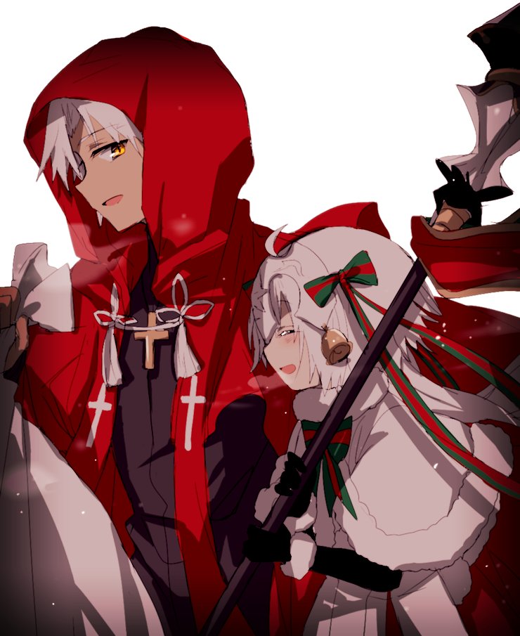 1boy 1girl :d ahoge black_gloves blush capelet cloak closed_eyes cross cross_necklace dark_skin dark_skinned_male elbow_gloves fate/apocrypha fate/grand_order fate_(series) from_side fur_trim gloves hair_ribbon headpiece hiiragi_fuyuki holding hood_up jeanne_d'arc_(fate)_(all) jeanne_d'arc_alter_santa_lily jewelry kotomine_shirou long_hair neck_ribbon necklace open_mouth red_cloak ribbon sack simple_background smile staff standing white_background white_hair yellow_eyes