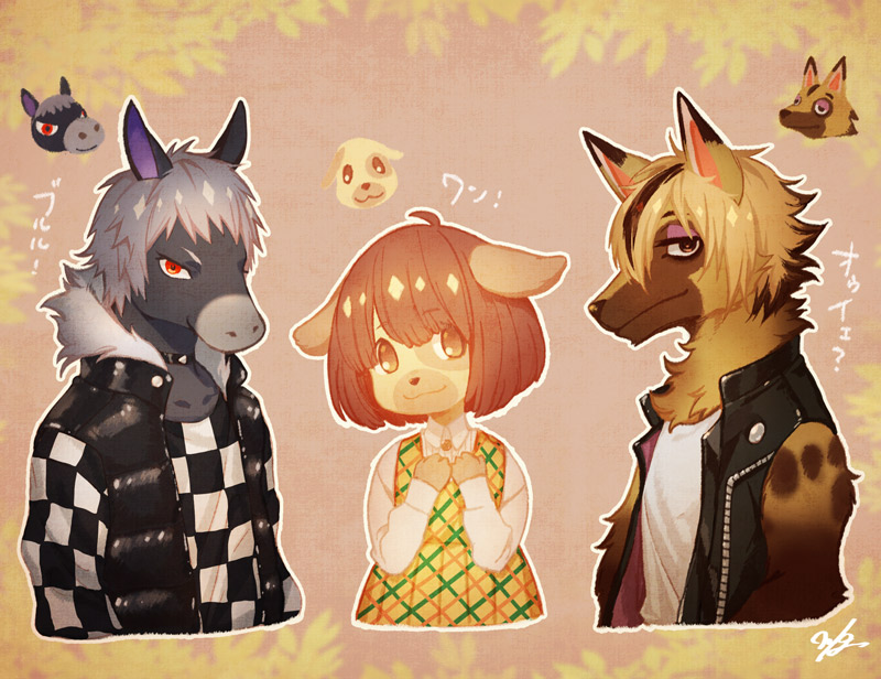 ! 1girl 2boys ? animal_ears blonde_hair brown_eyes brown_hair caramel_(doubutsu_no_mori) dog_ears doubutsu_no_mori fur_trim furry grey_hair horse_ears leaf multicolored_hair multiple_boys red_eyes ricardo_(doubutsu_no_mori) schwartz_(doubutsu_no_mori) two-tone_hair wolf_ears