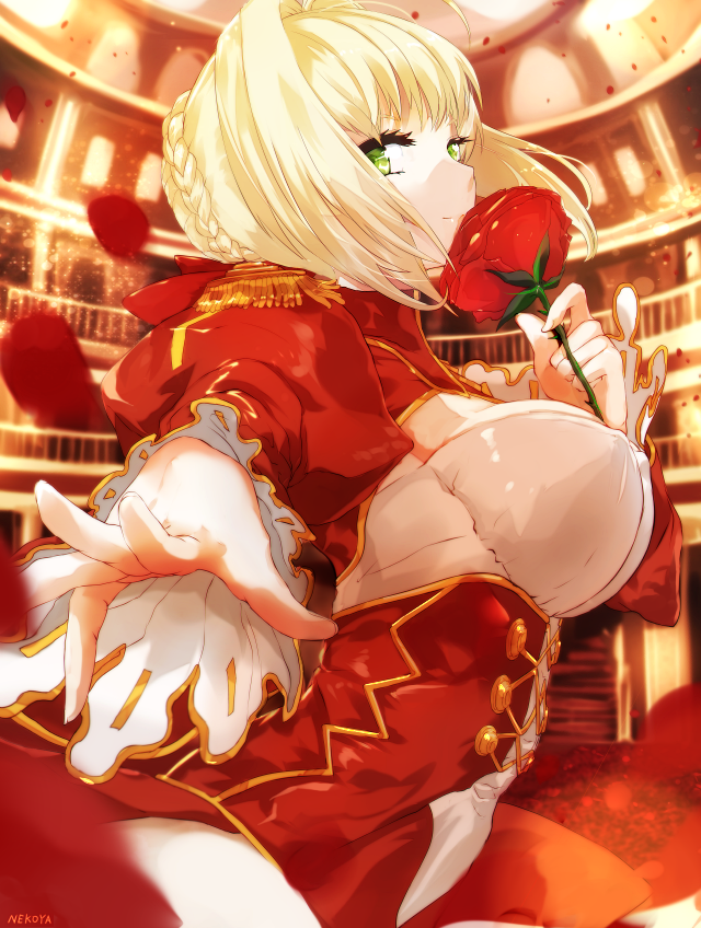 1girl aestus_domus_aurea ahoge artist_name blonde_hair breasts dress dyolf epaulettes fate/extra fate_(series) flower green_eyes hair_intakes large_breasts nero_claudius_(fate) nero_claudius_(fate)_(all) outstretched_arm petals puffy_sleeves red_dress rose smelling_flower solo