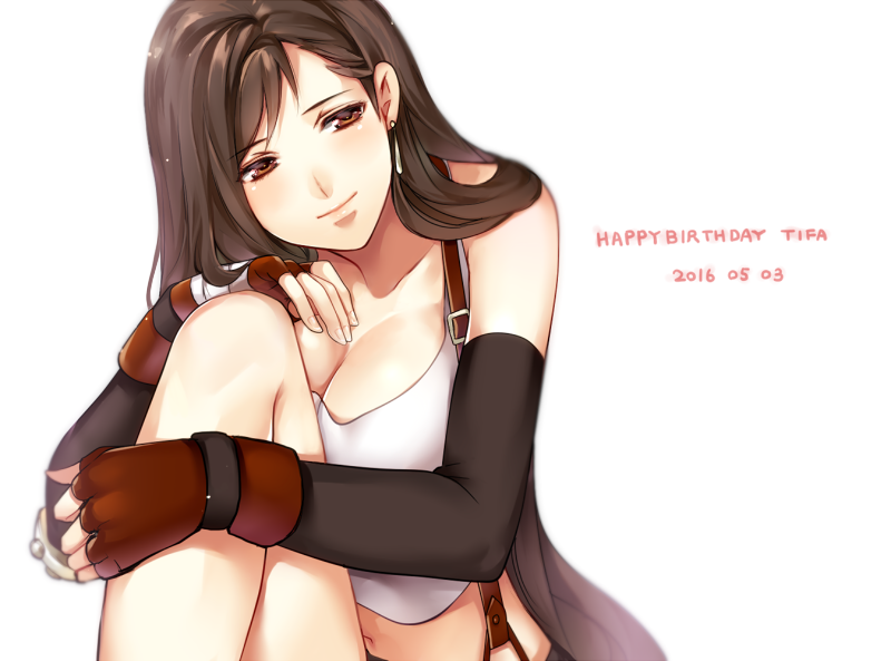 1girl breasts cleavage elbow_gloves final_fantasy final_fantasy_vii gloves happy_birthday large_breasts lips long_hair low-tied_long_hair midriff simple_background skirt solo suspender_skirt suspenders tama_(tmfy5) tank_top tifa_lockhart