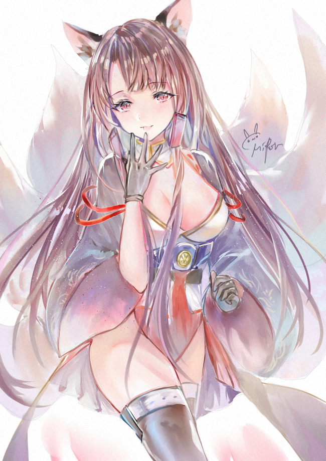 1girl akagi_(azur_lane) animal_ears azur_lane black_legwear breasts brown_hair covering_mouth cowboy_shot eyebrows_visible_through_hair fox_ears fox_tail gloves grey_gloves hand_over_own_mouth japanese_clothes large_breasts long_hair looking_at_viewer mirutu multiple_tails obi pelvic_curtain red_eyes sash signature slit_pupils smile solo standing tail thigh-highs very_long_hair