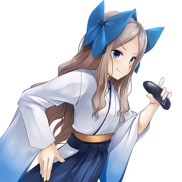 1girl asakaze_(kantai_collection) blue_bow blue_hakama bow brown_hair cowboy_shot eggplant hakama japanese_clothes kantai_collection kimono light_brown_hair long_hair meiji_schoolgirl_uniform mofu_namako simple_background solo standing wavy_hair white_background white_kimono