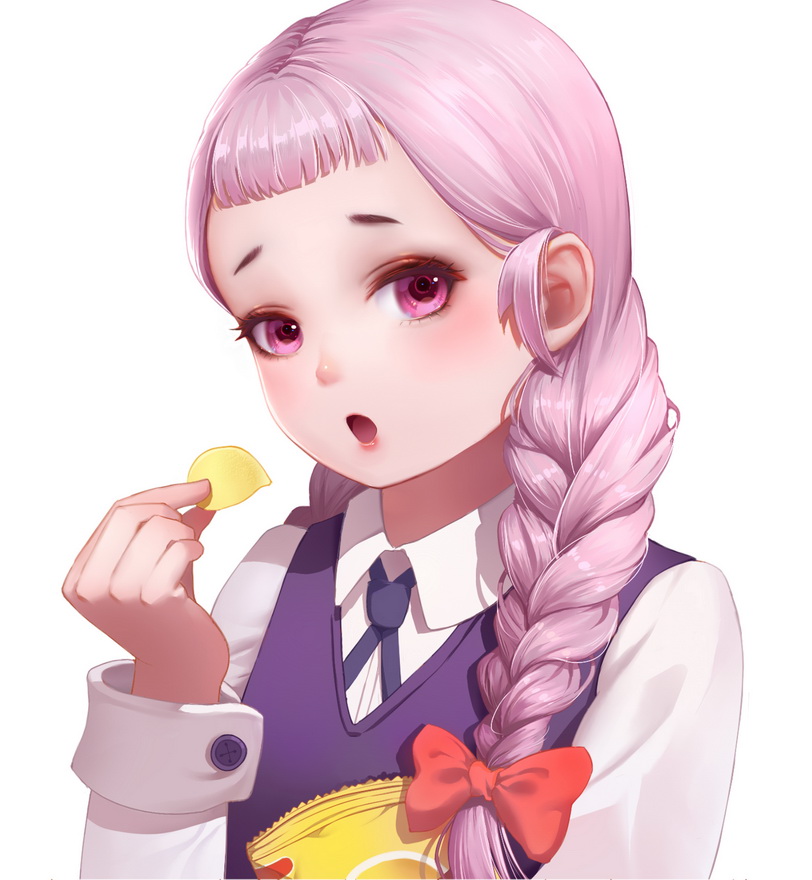 1girl bag_of_chips bangs bow braid chips food hair_bow jasminka_antonenko little_witch_academia looking_at_viewer open_mouth pink_eyes pink_hair potato_chips qi_kou red_bow school_uniform solo twin_braids upper_body