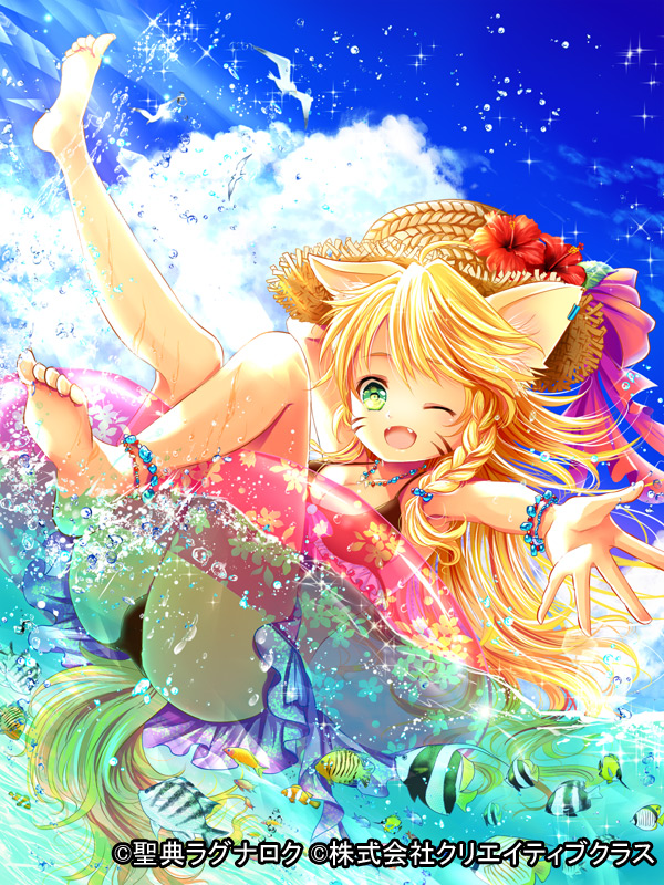 1girl angelfish animal_ears beach bird blonde_hair bow bracelet braid butterflyfish cat_ears cat_tail clouds clownfish day facepaint fish floral_print flower green_eyes hat hibiscus innertube jewelry kinota long_hair necklace ocean official_art one_eye_closed outstretched_arm partially_submerged pink_bow seagull seiten_ragnarok sky smile straw_hat swimsuit tail water