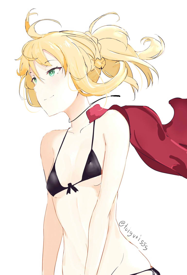 112san 1girl bikini black_bikini blonde_hair breasts fate/apocrypha fate/grand_order fate_(series) front-tie_bikini front-tie_top green_eyes hair_between_eyes jewelry long_hair micro_bikini mordred_(fate) mordred_(fate)_(all) navel necklace ponytail side-tie_bikini simple_background small_breasts smile solo swimsuit twitter_username upper_body wind