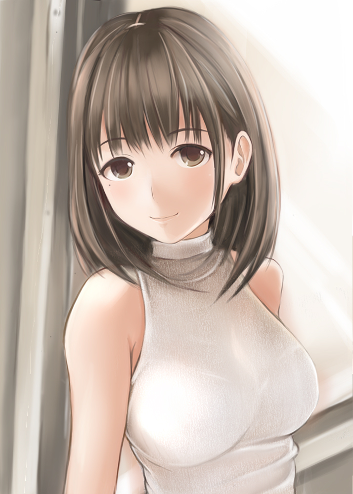 1girl anegasaki_nene bare_shoulders breasts brown_eyes brown_hair eyebrows eyebrows_visible_through_hair light_smile looking_at_viewer love_plus medium_breasts mole mole_under_eye nannacy7 short_hair smile solo sweater sweater_vest turtleneck turtleneck_sweater upper_body