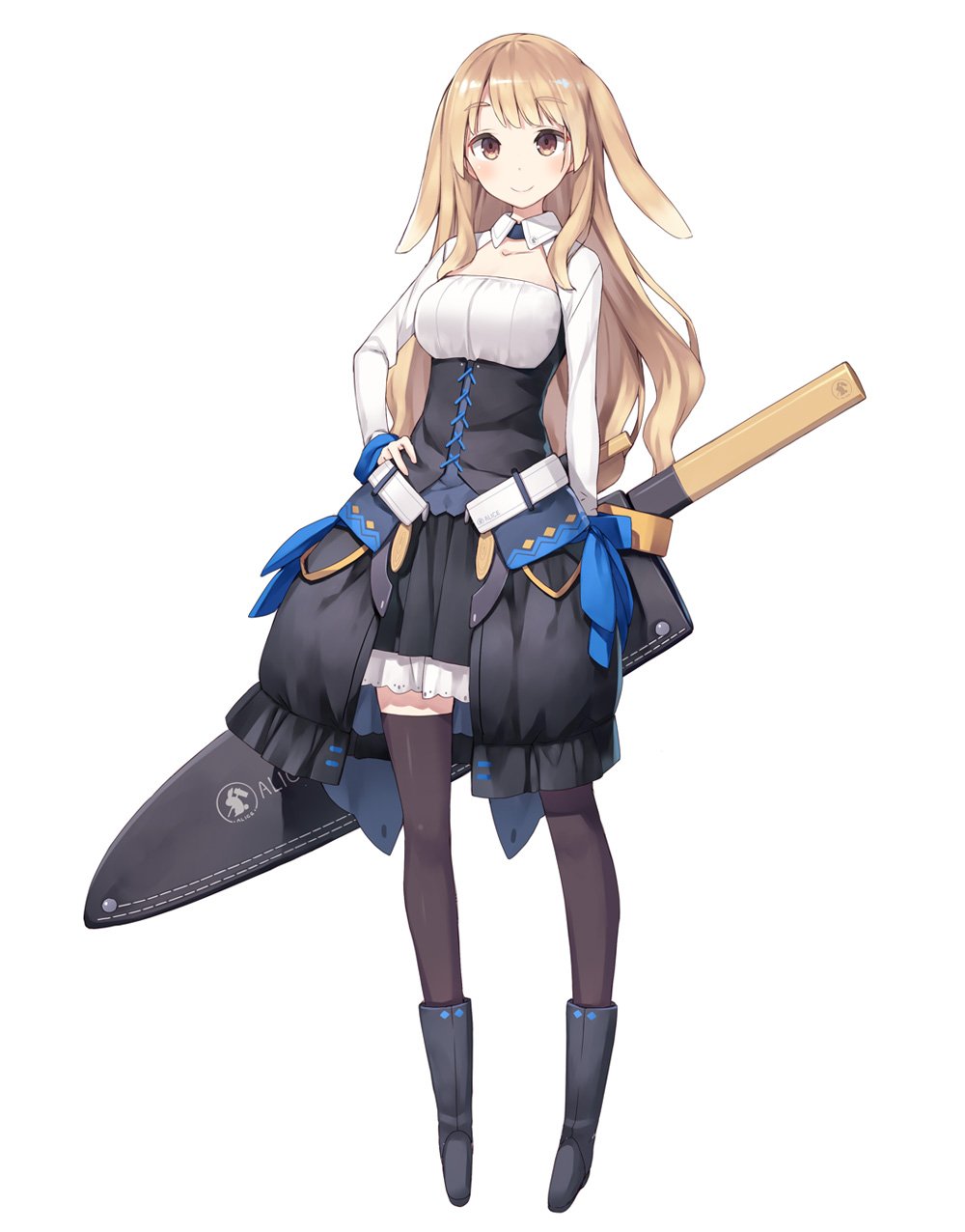 1girl animal_ears bangs black_footwear blonde_hair boots bow brown_eyes extra_ears full_body hand_on_hip highres knife long_hair long_sleeves looking_at_viewer original oversized_object poco_(asahi_age) rabbit_ears simple_background skirt smile solo standing thigh-highs weapon white_background wing_collar