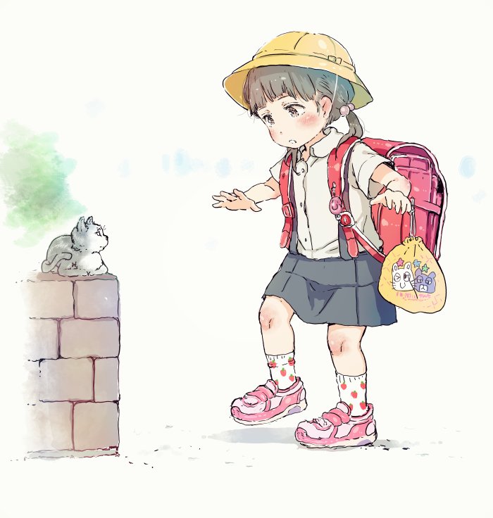 1girl animal backpack bag black_hair blue_skirt blush brick_wall cat collared_shirt commentary_request drawstring drawstring_bag dress_shirt food_print gomennasai hair_bobbles hair_ornament hat long_hair low_twintails original outdoors parted_lips pink_footwear print_legwear randoseru school_hat school_uniform shirt shoes short_sleeves skirt sneaking socks solo strawberry_print suspender_skirt suspenders twintails white_legwear white_shirt yellow_hat