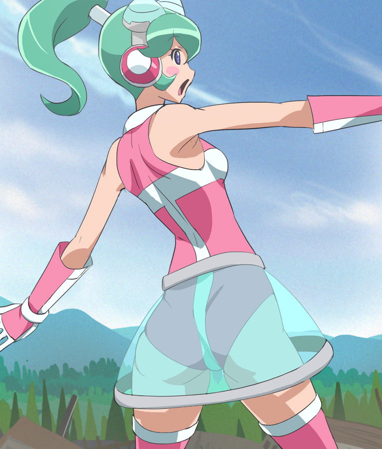 1girl armpits ass blue_eyes blue_sky blush_stickers calen_(time_bokan) clouds day gloves green_hair haruyama_kazunori open_mouth outstretched_arm pink_legwear ponytail short_hair skirt sky sleeveless solo standing thigh-highs time_bokan_(series) time_bokan_24 transparent_skirt