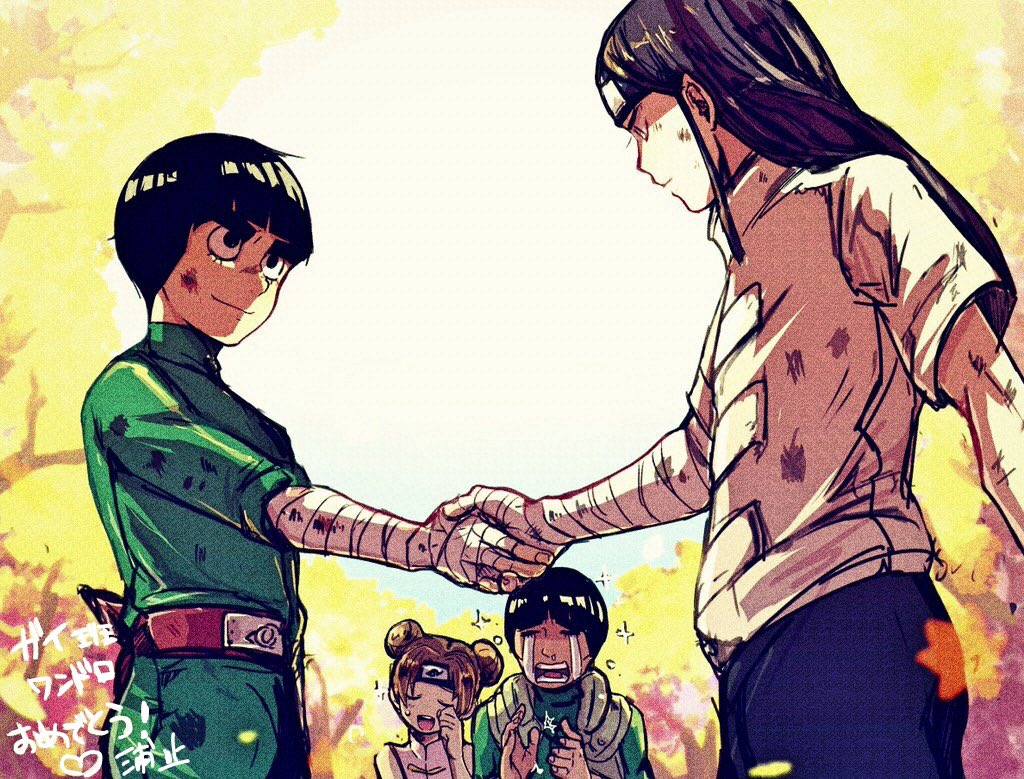 1girl 3boys bandage bowl_cut brown_hair chinese_clothes clapping crying double_bun handshake headband hyuuga_neji looking_at_another might_guy multiple_boys naruto open_mouth rock_lee tenten thick_eyebrows