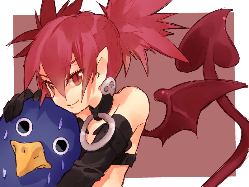 1girl bare_shoulders black_gloves choker demon_tail disgaea disgaea_d2 etna gloves hand_on_another's_head jewelry looking_at_viewer pointy_ears prinny rabbitseijin red_eyes redhead sweat tail twintails wings