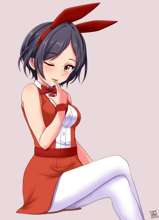 1girl ;) akimeite_ding_dong_dang! animal_ears black_hair bow bowtie dress fake_animal_ears finger_to_mouth grey_background hairband hayami_kanade idolmaster idolmaster_cinderella_girls invisible_chair legs_crossed looking_at_viewer momoda_yasuhito one_eye_closed pantyhose parted_lips rabbit_ears red_bow red_dress red_hairband red_neckwear short_dress short_hair simple_background sitting sleeveless sleeveless_dress smile solo white_legwear wrist_cuffs yellow_eyes